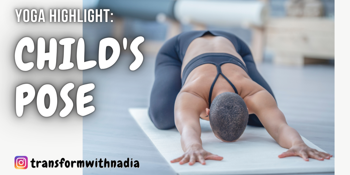 Blog Graphic from Nadia Santiago Fitness copywriter and content creator. The graphic features a woman on a yoga mat in child's pose.